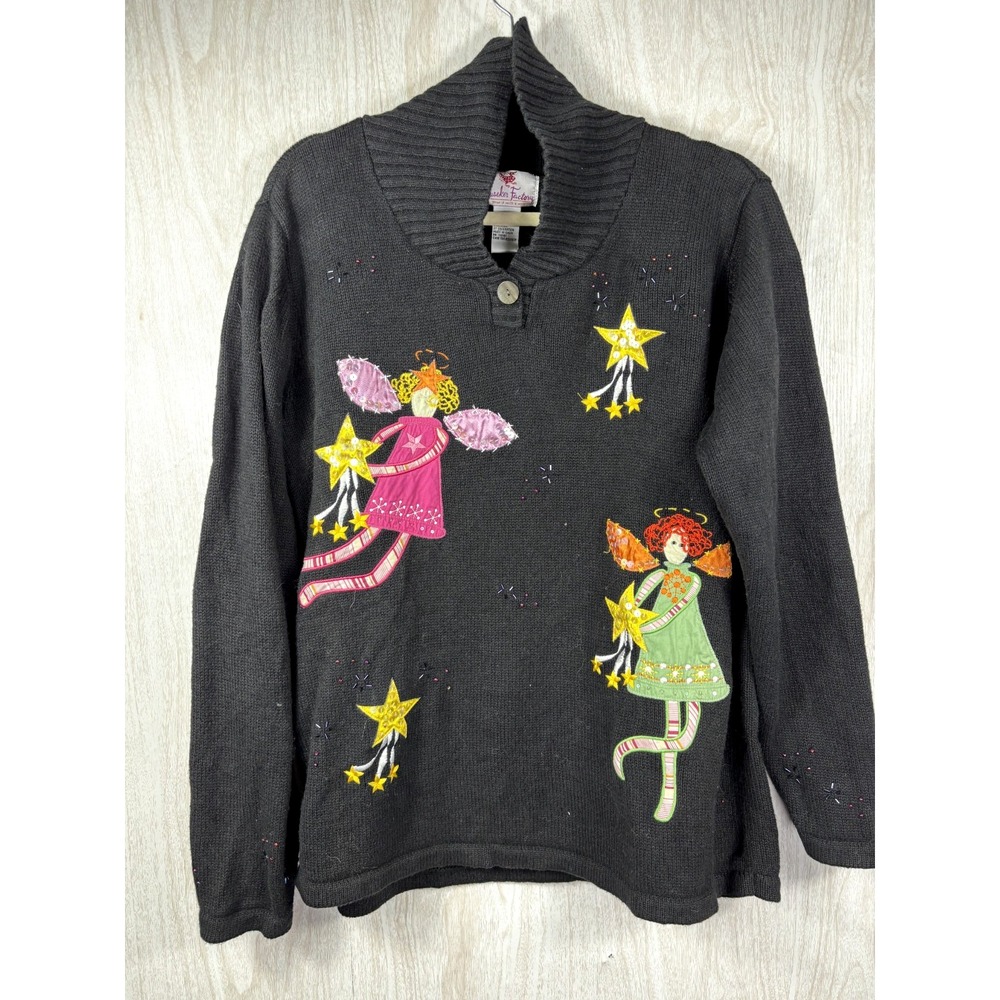 Quacker Factory Sweater Womens XL Black Fairy Star Sequin Beaded Whimsical